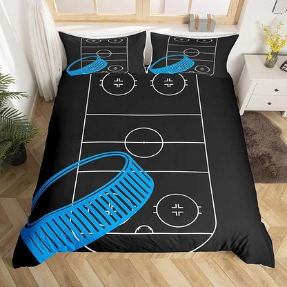Ice Hockey Rink Print Bedding Set Twin Size,Boys Ball Sports Games Themed Duvet Cover for Kids Boys Bedroom Decor,Blue Hockey Stick Sporting Equipment Polyester Quilt Cover with 1 Pillowcases, 2 Pcs