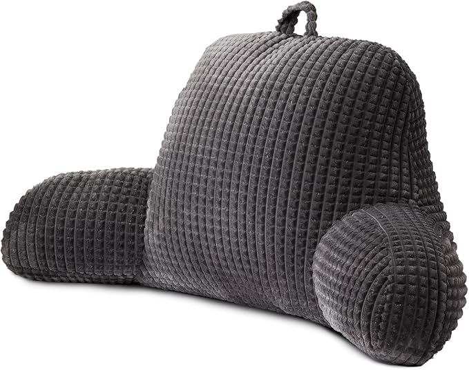 A Nice Night Reading Pillow Bed Wedge Large Adult Children Backrest with Arms Back Support for Sitting Up in Bed/Couch for Lounging Bedrest,Waffle Stereoscopic Design,Darkgrey