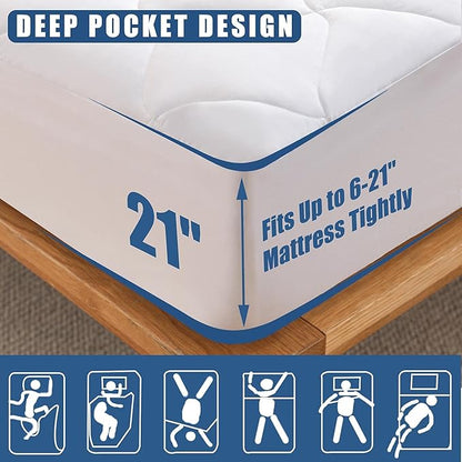 King Size Quilted Fitted Mattress Pad, Waterproof Breathable Cooling Mattress Protector, Stretches up to 21 Inches Deep Pocket Hollow Cotton Alternative Filling Noiseless Mattress Cover