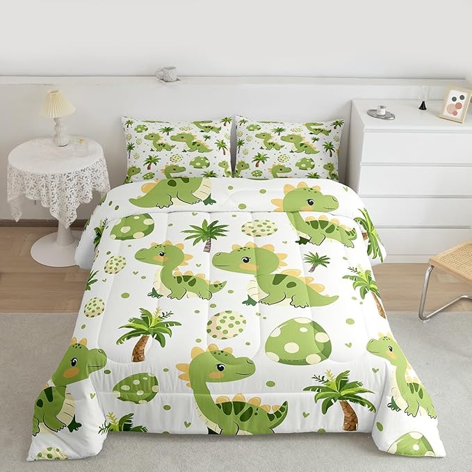 jejeloiu Cute Dinosaur Comforter Set All Season Cartoon Green Dinosaur Bedding Set with 2 Pillow Cases Animal Egg Microfiber Kids King Bedclothes Coconut Tree Bedroom Decor Duvet Quilt Soft