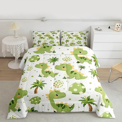 jejeloiu Cute Dinosaur Comforter Set All Season Cartoon Green Dinosaur Bedding Set with 1 Pillow Cases Animal Egg Microfiber Kids Twin Bedclothes Coconut Tree Bedroom Decor Duvet Quilt Soft