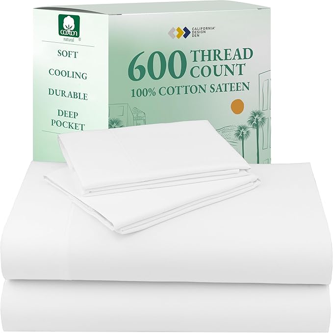California Design Den Deep Pocket King Sheets Set - Luxury 600 Thread Count Sateen, 100% Cotton Sheets with All Around Elastic for a Snug Fit, Hotel Quality Bedding Set - White