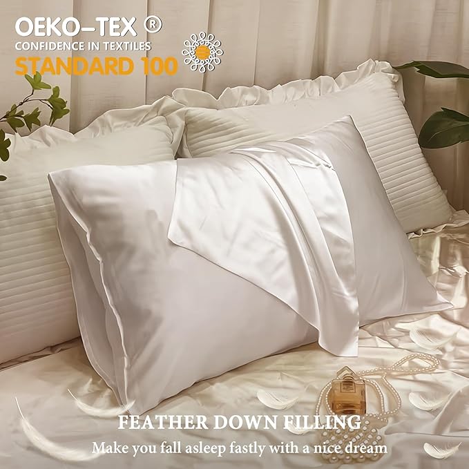 BHZ White Satin Goose Down Feather Pillows Standard Size with Pillowcase for Hair and Skin, Cooling Pillow Cases Similar to Silk Pillow Cases, Decorative for Women, Mom Men