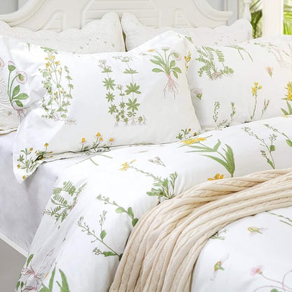 FADFAY Shabby Floral Duvet Cover Set White and Green Cotton Bedding Set with Hidden Zipper Closure 3 Pieces, 1duvet Cover & 2pillowcases (Twin Size, Simple Style)