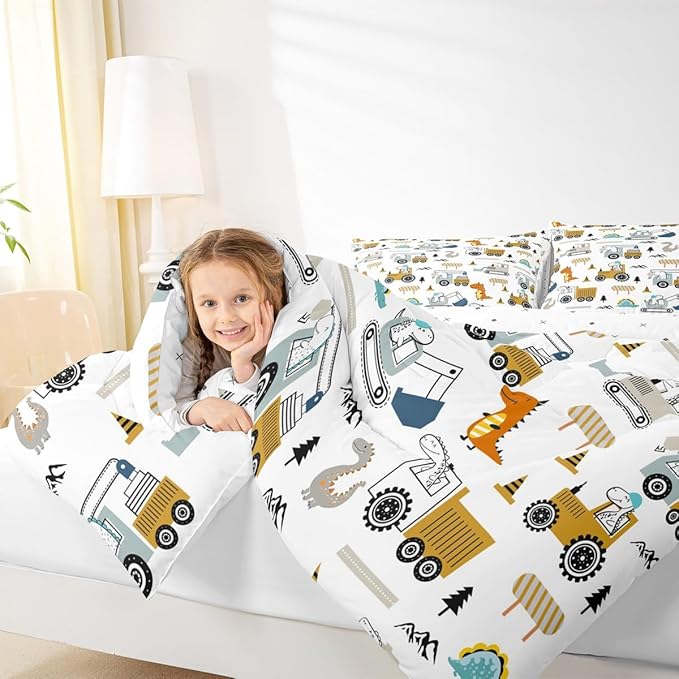 Feelyou Construction Bedding Set Full Size Equipment Trucks Comforter Set for Kids Boys Girls Decor Dinosaur Comforter 3D Digital Print Yellow Duvet Set Bedroom Quilt Set