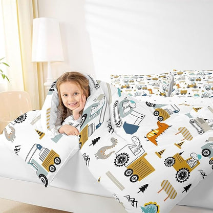 Feelyou Construction Bedding Set Full Size Equipment Trucks Comforter Set for Kids Boys Girls Decor Dinosaur Comforter 3D Digital Print Yellow Duvet Set Bedroom Quilt Set