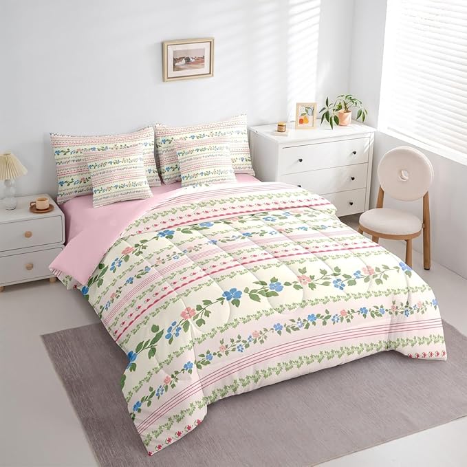Feelyou Flower Twin Comforter Set with Sheets for Kids Boys Girls Spring Blossoms 7 Pieces Bedding Set Botanical Bed in a Bag Floral Room Decor Pink Green Soft Lightweight Microfiber