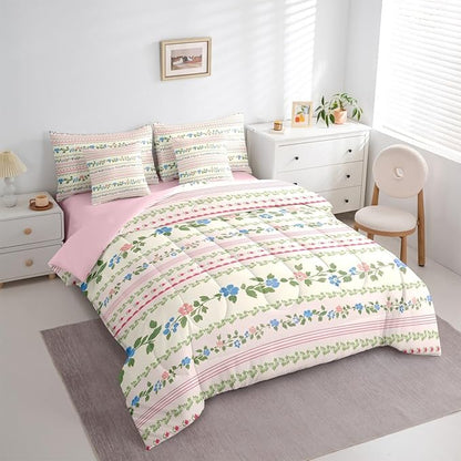 Feelyou Flower Twin Comforter Set with Sheets for Kids Boys Girls Spring Blossoms 7 Pieces Bedding Set Botanical Bed in a Bag Floral Room Decor Pink Green Soft Lightweight Microfiber
