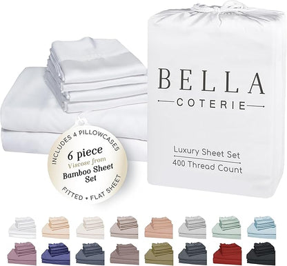 Bella Coterie 6 Piece Luxury Bamboo Viscose Queen Size Sheet Set | 100% Organically Grown | Cooling for Hot Sleepers | 18" Deep Pocket | Soft & Hypoallergenic | 4 Pillowcases [White]