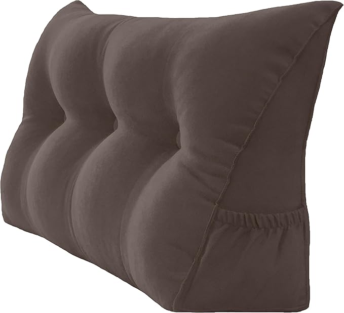 Triangular Reading Backrest Support Large Bolster Wedge Headboard Pillow with Two Large Side Pockets and Removable Cover (Cedar Brown, 39 x 8 x 20 inches)