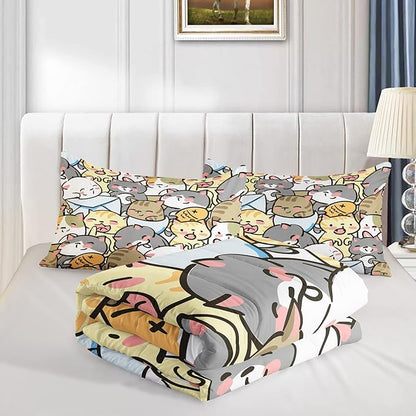QOOMO Kawaii Cat Comforter King Size,Cute Cat Comforter Set for Kids Teens Girls,3Pcs Bedding Set Printed Comforter with 2 Pillowcases,Down Alternative,Soft and Lightweight，King Size