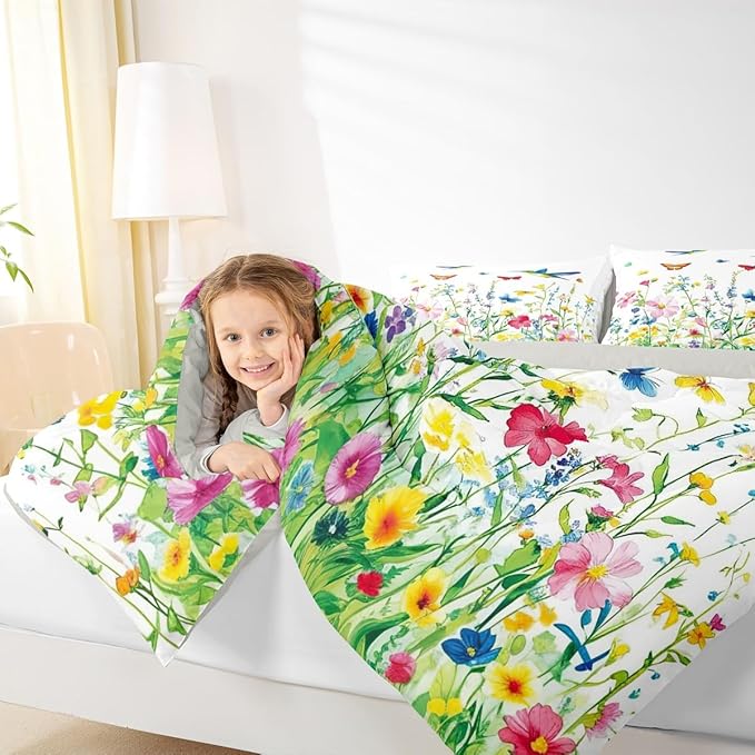 Erosebridal Wildflower King Bedding Set for Girls,Colorful Boho Floral Comforter Set for Kids Women,Spring Flower Butterfly Hummingbird Quilt,Botanical Flowers Bedroom Decor with 2 Pillowcases