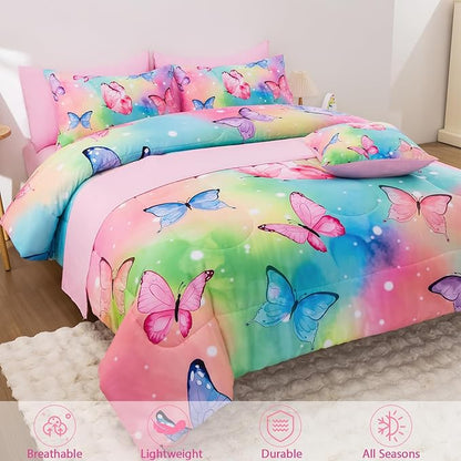 Butterfly Comforter Set Full Size 8 Piece Bed in A Bag Colorful Flowers Leaves Bedding Set for Kids Teens Super Soft All Season - Rainbow