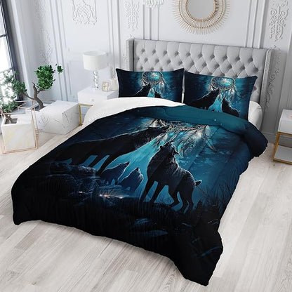 Dreamcatcher Wolf Comforter Set Queen Size for Kids Teens and Adults Moonlight Forest Wolf Printed Quilt Set for Bedroom Soft Microfiber Print Quilt Set with 1 Comforter and 2 Pillowcases