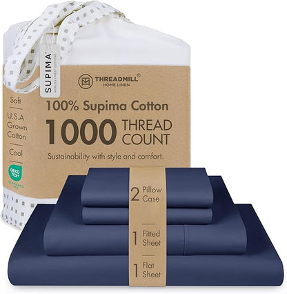 Threadmill Luxury Full Size Sheets for Full Size Mattress, 1000 Thread Count Supima Cotton Sheets for Full Mattress, 5-Star Hotel Quality 4 Piece Bed Sheet with Extra Deep Pocket, Folkstone Blue