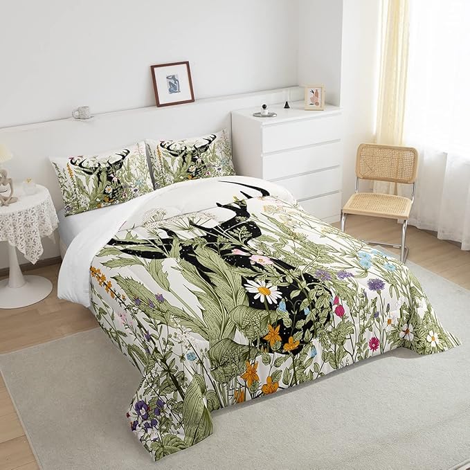 Feelyou Deer Antler Comforter Set Farmhouse Wild Deer Bedding Bed Set for Kids Boys Girls Rustic Decor Retro Wild Animal Comforter Wildflower Quilt with 1 Pillowcase 2Pcs Bedding Twin Boys
