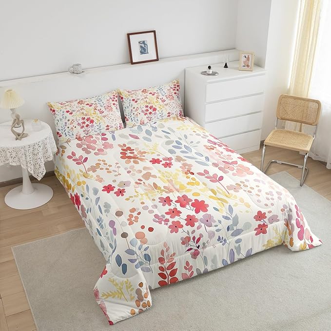 Erosebridal Cute Red Floral Comforter Set King Size,Boho Colorful Flower Bedding Set for Kids Girls Bedroom Decor,Watercolor Wild Flowers Quilt Bed Set Rustic Wildflower Bed Comforter Set 3Pcs