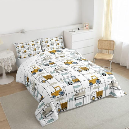 Feelyou Construction Truck Comforter Set Queen Size Kids Machinery Truck Excavators Vehicles Comforter for Boys Teens Cartoon Tractor Bedding Set Excavator Tractor Plaid Grid White Duvet Set Quilt Set