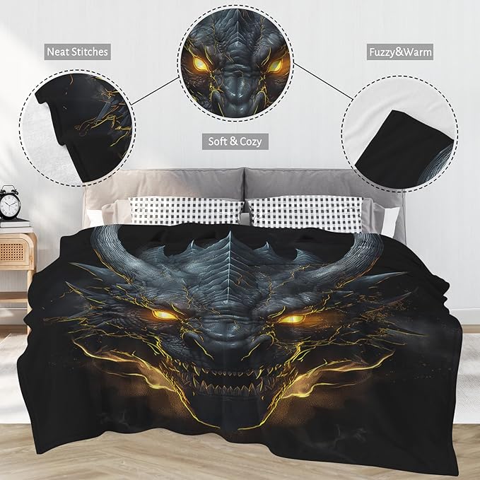 Huke plush Dragon Throw Blanket, Cool black/gold dragon, 50"x40", Ideas for Men/Women/Teens/Kids%%Boys/Girls, Gifts for Dragon Lovers