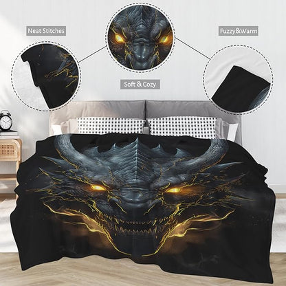 Huke plush Dragon Throw Blanket, Cool black/gold dragon, 50"x40", Ideas for Men/Women/Teens/Kids%%Boys/Girls, Gifts for Dragon Lovers