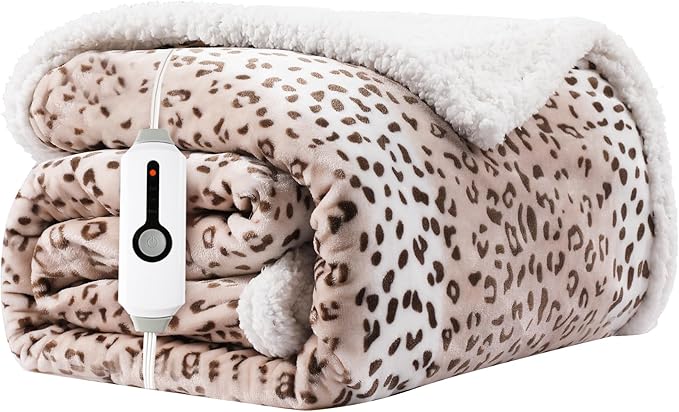 Electric Heated Blanket Throw Size 50"x60" - Dual-Sided with Microplush & Sherpa Fabric, 4 Heat Settings & 3 Hours Auto Off - Beige Leopard Print