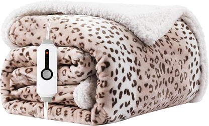 Electric Heated Blanket Throw Size 50"x60" - Dual-Sided with Microplush & Sherpa Fabric, 4 Heat Settings & 3 Hours Auto Off - Beige Leopard Print