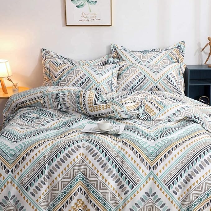 Boho Duvet Cover Queen, 100% Cotton 3 pcs Triangle Tribal Bedding Set, Aztec Modern Rustic Southwestern Louvre Patterned Tribal Print Duvet Cover, with Zipper Closure, Breathable (No Comforter)