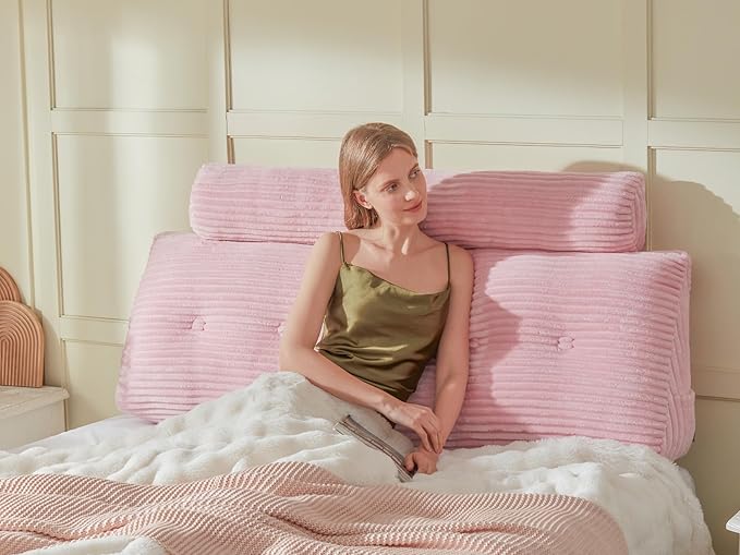 Headboard Wedge Pillow + A Long Neck Roll Pillow Body Pillow，Large Headboard Pillow with Removable Cover (Pink, Queen：59x8x20 inches)