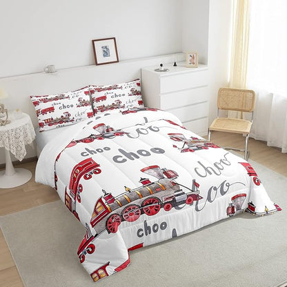 Feelyou Cartoon Car Bedding Set Kids Train Comforter Set Boys Girls Choo-Choo Rail Roads Tracks Decor Comforter Microfiber Train Construction Duvet Set Bedroom Quilt Set Queen Size