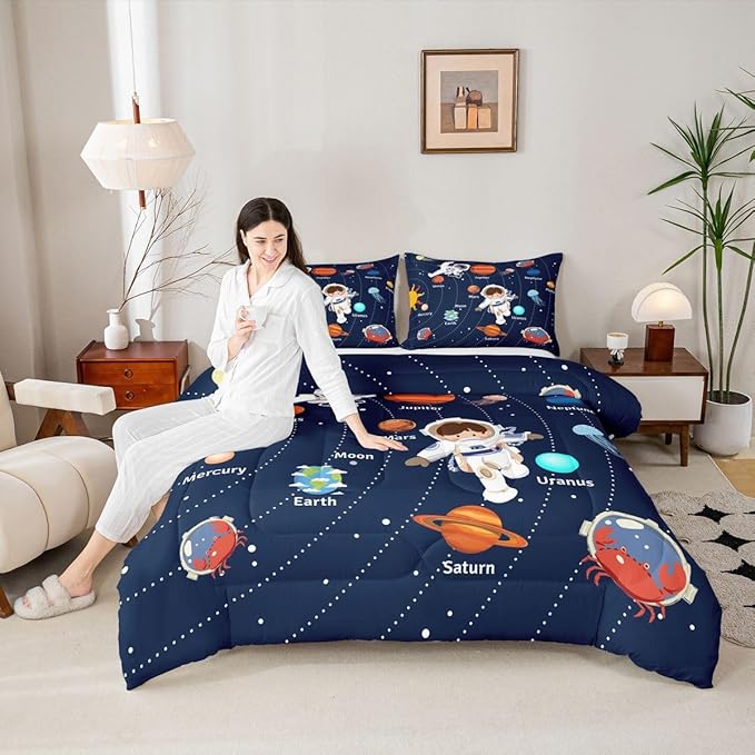 Feelyou Solar System Comforter Set Twin Size Outer Space Comforter for Kids Teens Adults Universe Planets Bedding Set Cute Astronaut Blue Duvet Set Room Decor 2Pcs with 1 Pillow Case