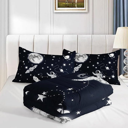 Astronaut Space Rocket Comforter Set 3D Printed Bedding Set with 1 Comforter and 2 Pillowcases for Boys and Girls Bedroom All Season(Space Queen)