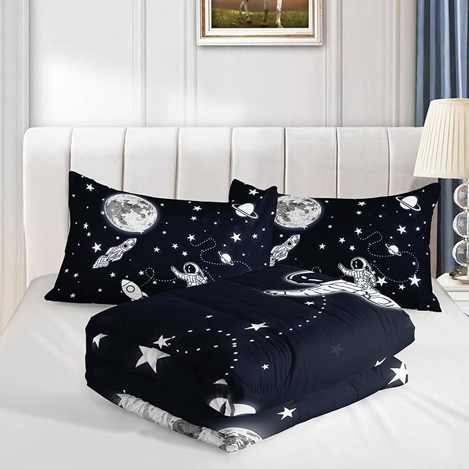 Astronaut Space Rocket Comforter Set 3D Printed Bedding Set with 1 Comforter and 2 Pillowcases for Boys and Girls Bedroom All Season(Space Full)