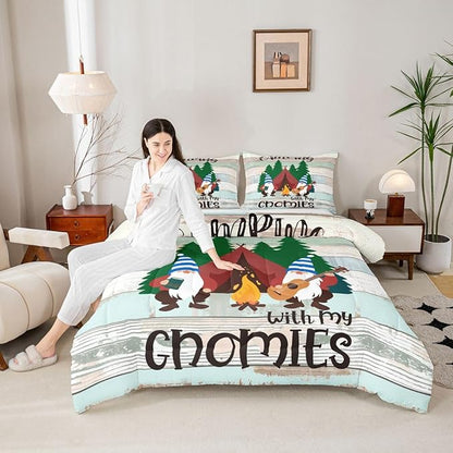 Feelyou Camper Bedding Set Queen Kids Cute Gnome Happy Camping Comforter Set for Girls Boys Cartoon Gnomies Farmhouse Comforter Soft and Cozy Quilted Set Rustic Room Decor Comforter Inner Fill