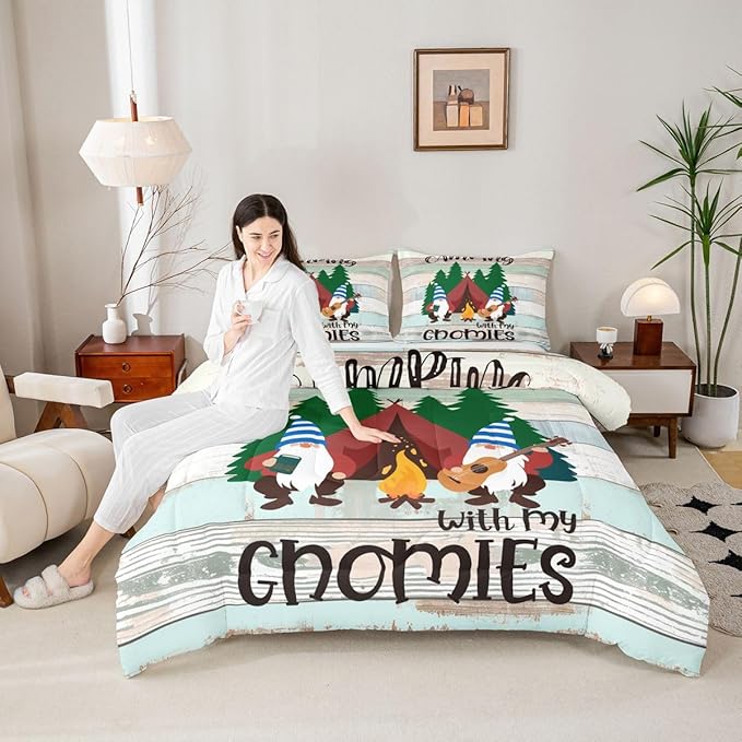 Feelyou Camper Bedding Set Full Kids Cute Gnome Happy Camping Comforter Set for Girls Boys Cartoon Gnomies Farmhouse Comforter Soft Cozy Quilt Rustic Room Decor Comforter Boys