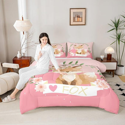 Feelyou Girls Cartoon Fox Comforter Set Cute Fox Bedding Set for Kids Boys Girls Kawaii Animal Duvet Set Botanical Floral Comforter 1 Comforter Set with 2 Pillowcases Full Size