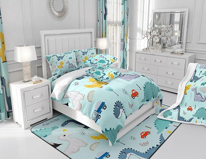 Castle Fairy Cute Car Kids Comforter Set Twin Size,Cartoon Dinosaur Rainbow Sketch Blue Bedding Set for Kids Boys Men,Kawaii Dino Colorful Wild Animal Quilted Duvet Set with 1 Pillowcase