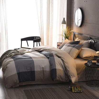 Buffalo Plaid Duvet Cover Queen, 100% Cotton Check Geometric Bedding 3pc Set, Grey Hotel Quality Gingham Plaid Print Nordic Style Reversible Solid Color Duvet Cover with Zipper Closure (NO Comforter)