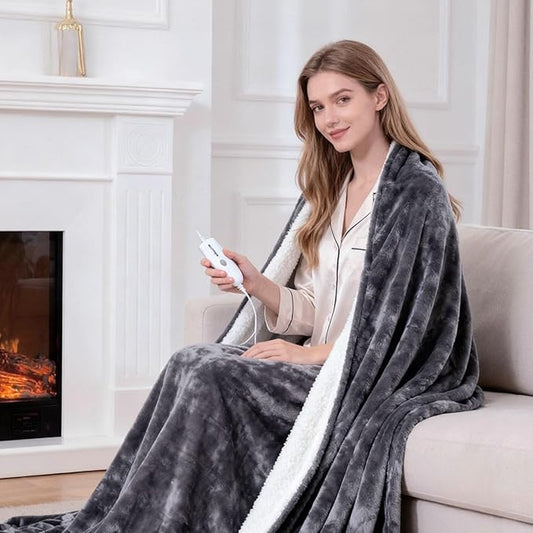Sweetcrispy Heated Blanket Throw, 50''x60'' Heating Electric Blanket with 4 Heat Levels, Washable Dual-Sided Flannel & Sherpa Fabric Electric Throw Blanket Warmer for Office Home Use
