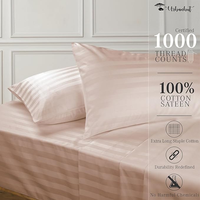 URBANHUT 1000 Thread Count Damask Striped Twin Size Egyptian Cotton Sheets, Long Staple Soft & Breathable, 4 Pc Bed Sheet Sets, Luxury Hotel Sateen Sheets Fits 16" Deep Pocket - Blush Pink