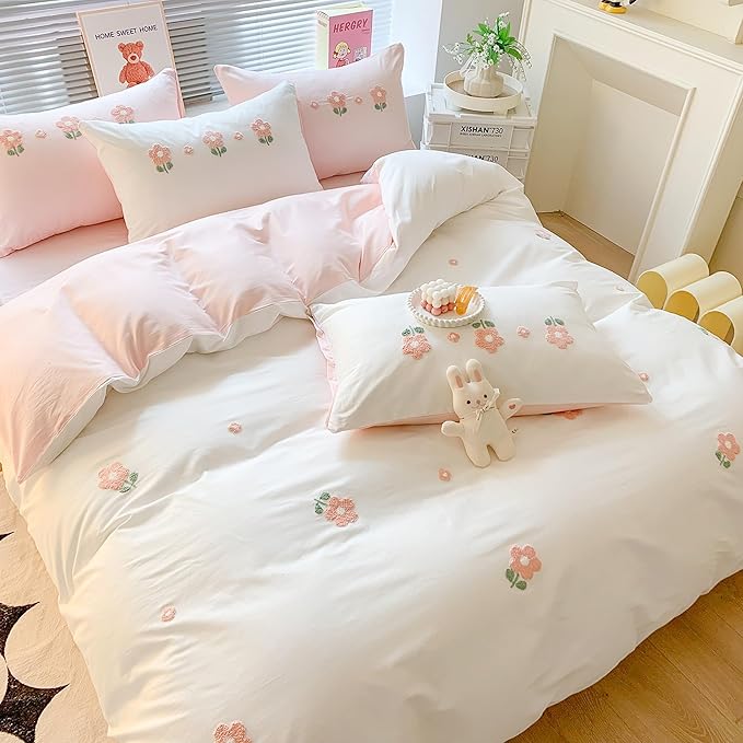 MorroMorn Cotton Duvet Cover Queen Size, 3D Embroidery Floral Bedding Sets, Fluffy Chenille Embroidered Comforter Covers Breathable Sweat-Absorbent for Girls Kids Teen (Flowers White, Full/Queen)