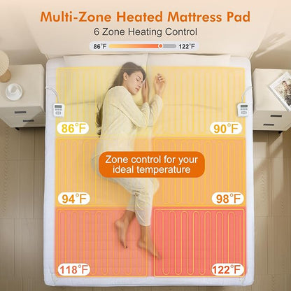 ALMAH Electric Heated Mattress Pad Queen,6-Zone Fast Heating Bed Warmer with Individual Head/Body/Foot Control,Memory&Preheat Functions,Dual Controllers,10 Heat Settings,10-Hour Auto Shut Off,60"x80"