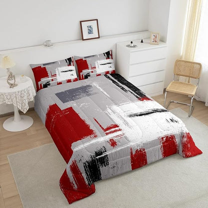 Feelyou Abstract Bedding Set Comforter Set for Kids Boys Children Modern Abstract Art Comforter Ultra Soft Decor Red Grey White Duvet Set Toddler Size