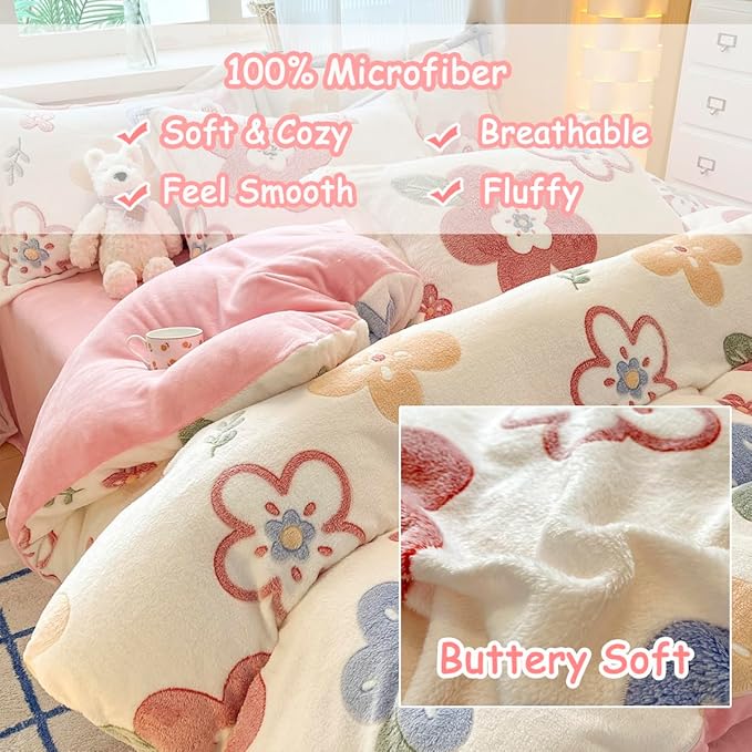 Twin Bedding Sets, Pink Duvet Cover Set, Ultra Soft Fluffy Comforter Covers Kawaii Cute Bedding Sets for Girl Kids (Flower, Twin)