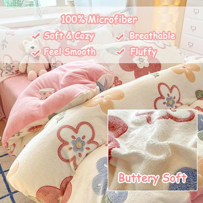 Twin Bedding Sets, Pink Duvet Cover Set, Ultra Soft Fluffy Comforter Covers Kawaii Cute Bedding Sets for Girl Kids (Flower, Twin)