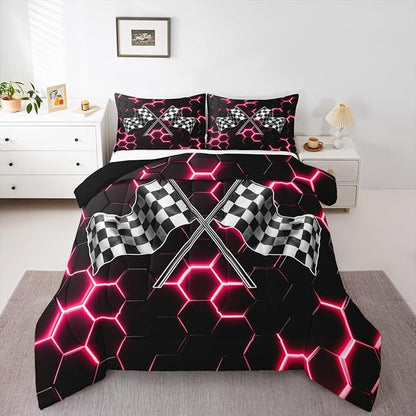 Black White Flag Geometric Comforter Set Queen Size Fashion Red Neon Light Honeycomb Bedding Set for Kids Boys Teens Games Room,3D Checkered Flag Quilted Duvet Race Sports Gaming Duvet Insert 3pcs