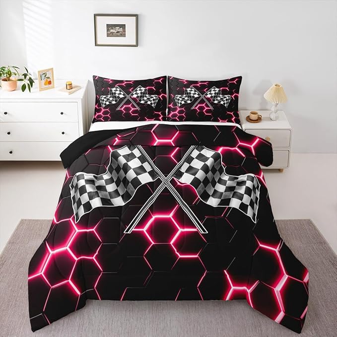 Black White Flag Geometric Comforter Set King Size Fashion Red Neon Light Honeycomb Bedding Set for Kids Boys Teens Games Room,3D Checkered Flag Quilted Duvet Race Sports Gaming Duvet Insert 3pcs