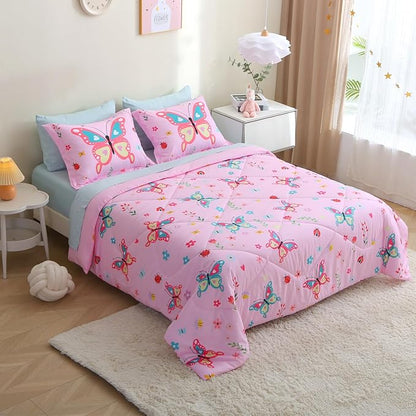 Girls Butterfly Comforter Set Full Size 7 Piece Bed in A Bag Colorful Pink Flowers Leaves Bedding Set for Kids Teens Super Soft All Season