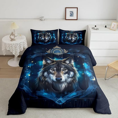 Feelyou Wolf Comforter Set Full Animal Wolves Comforter for Boys Girls Teens Mountain Moon Wolf Bedding Set Breathable Blue Duvet Set Room Decor Quilt Set