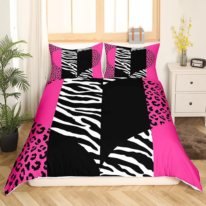 Zebra Leopard Duvet Cover King Size Abstract Patchwork Pink Heart Bedding Comforter 3pcs for Kids Girls Women Room Decor Wild Animals Skin Comforter Cover Modern Romantic Quilt Cover,2 Pillowcases