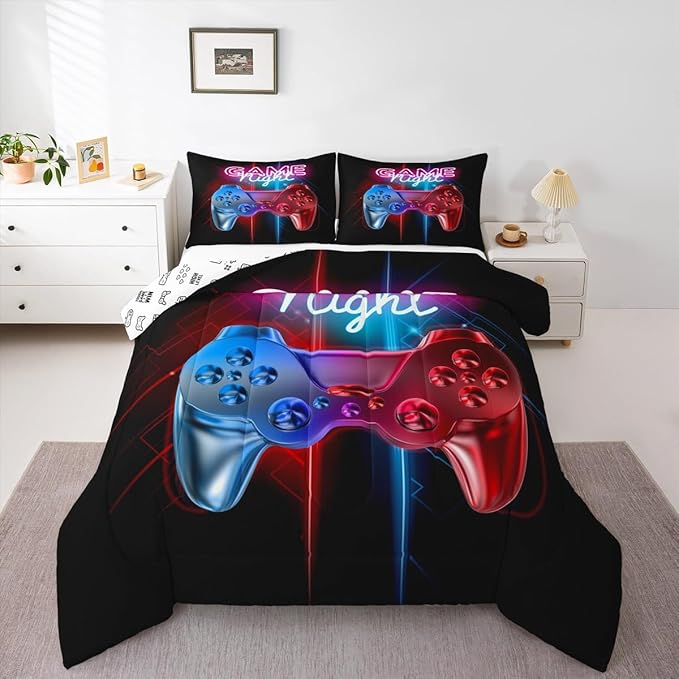 Feelyou Boys Gaming Comforter Set Toddler Size Teens Gamer Bedding Set Modern Blue Red Video Game Controller Comforter for Kids Children Youth Bedroom Decor Gamer Console Action Buttons Duvet Set